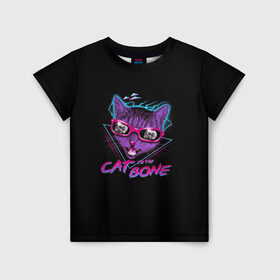 Детская футболка 3D с принтом Cat To The Bone в Тюмени, 100% гипоаллергенный полиэфир | прямой крой, круглый вырез горловины, длина до линии бедер, чуть спущенное плечо, ткань немного тянется | 80 | bone | bones | cat | cyber | game | hotline | hotlinemiami | maiami | music | outrun | retro | retrowave | skull | synth | synthwave | игра | кибер | кот | кошка | ретро | череп