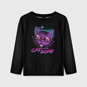 Детский лонгслив 3D с принтом Cat To The Bone в Тюмени, 100% полиэстер | длинные рукава, круглый вырез горловины, полуприлегающий силуэт
 | 80 | bone | bones | cat | cyber | game | hotline | hotlinemiami | maiami | music | outrun | retro | retrowave | skull | synth | synthwave | игра | кибер | кот | кошка | ретро | череп