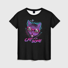 Женская футболка 3D с принтом Cat To The Bone в Тюмени, 100% полиэфир ( синтетическое хлопкоподобное полотно) | прямой крой, круглый вырез горловины, длина до линии бедер | 80 | bone | bones | cat | cyber | game | hotline | hotlinemiami | maiami | music | outrun | retro | retrowave | skull | synth | synthwave | игра | кибер | кот | кошка | ретро | череп