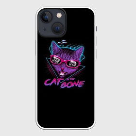 Чехол для iPhone 13 mini с принтом Cat To The Bone в Тюмени,  |  | 80 | bone | bones | cat | cyber | game | hotline | hotlinemiami | maiami | music | outrun | retro | retrowave | skull | synth | synthwave | игра | кибер | кот | кошка | ретро | череп