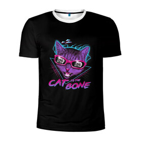 Мужская футболка 3D спортивная с принтом Cat To The Bone в Тюмени, 100% полиэстер с улучшенными характеристиками | приталенный силуэт, круглая горловина, широкие плечи, сужается к линии бедра | 80 | bone | bones | cat | cyber | game | hotline | hotlinemiami | maiami | music | outrun | retro | retrowave | skull | synth | synthwave | игра | кибер | кот | кошка | ретро | череп