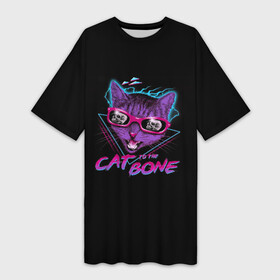Платье-футболка 3D с принтом Cat To The Bone в Тюмени,  |  | 80 | bone | bones | cat | cyber | game | hotline | hotlinemiami | maiami | music | outrun | retro | retrowave | skull | synth | synthwave | игра | кибер | кот | кошка | ретро | череп