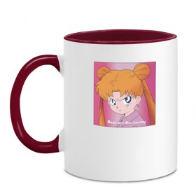 Кружка двухцветная с принтом Sailor Moon Boys are the enemy в Тюмени, керамика | объем — 330 мл, диаметр — 80 мм. Цветная ручка и кайма сверху, в некоторых цветах — вся внутренняя часть | boys are the enemy | bunny | sailor moon | usagi tsukino | аниме | банни цукино | мемы | усаги цукино