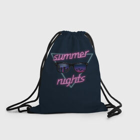 Рюкзак-мешок 3D с принтом Summer Nights в Тюмени, 100% полиэстер | плотность ткани — 200 г/м2, размер — 35 х 45 см; лямки — толстые шнурки, застежка на шнуровке, без карманов и подкладки | Тематика изображения на принте: 80 | cyber | game | hotline | hotlinemiami | maiami | music | nights | outrun | retro | retrowave | summer | synth | synthwave | игра | кибер | лето | ночь | ретро