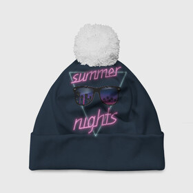 Шапка 3D c помпоном с принтом Summer Nights в Тюмени, 100% полиэстер | универсальный размер, печать по всей поверхности изделия | 80 | cyber | game | hotline | hotlinemiami | maiami | music | nights | outrun | retro | retrowave | summer | synth | synthwave | игра | кибер | лето | ночь | ретро