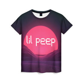 Женская футболка 3D с принтом lil peep(Logo) в Тюмени, 100% полиэфир ( синтетическое хлопкоподобное полотно) | прямой крой, круглый вырез горловины, длина до линии бедер | cry baby | lil peep | logo | rap | заход солнца | знаменитости. эмо | известный исполнитель | неон | пип | редактируемое лого | реп | розоватый оттенок | рок | рэп | яркий фон