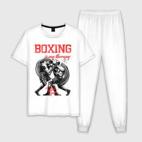 Мужская пижама хлопок с принтом Boxing is my therapy в Тюмени, 100% хлопок | брюки и футболка прямого кроя, без карманов, на брюках мягкая резинка на поясе и по низу штанин
 | Тематика изображения на принте: boxing | mike tyson | my therapy | бокс | майк тайсон