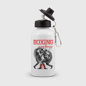 Бутылка спортивная с принтом Boxing is my therapy в Тюмени, металл | емкость — 500 мл, в комплекте две пластиковые крышки и карабин для крепления | Тематика изображения на принте: boxing | mike tyson | my therapy | бокс | майк тайсон