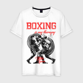 Мужская футболка хлопок с принтом Boxing is my therapy в Тюмени, 100% хлопок | прямой крой, круглый вырез горловины, длина до линии бедер, слегка спущенное плечо. | boxing | mike tyson | my therapy | бокс | майк тайсон