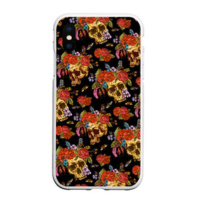 Чехол для iPhone XS Max матовый с принтом Skulls and Roses в Тюмени, Силикон | Область печати: задняя сторона чехла, без боковых панелей | flowers | halloween | rose | skull | tattoo | жуки | насекомые | роза | тату | татуировка | хеллоуин | хэллоуин | цветок | цветы | череп