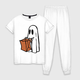 Женская пижама хлопок с принтом Призрак в Тюмени, 100% хлопок | брюки и футболка прямого кроя, без карманов, на брюках мягкая резинка на поясе и по низу штанин | ghost | приведение | призрак