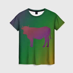 Женская футболка 3D с принтом Корова(трехцветный градиент) в Тюмени, 100% полиэфир ( синтетическое хлопкоподобное полотно) | прямой крой, круглый вырез горловины, длина до линии бедер | animals | животные | звери | корова | коровка | коровы | мягкий цвет | прикольная картинка | простая картинка