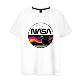 Мужская футболка хлопок с принтом Retro NASA в Тюмени, 100% хлопок | прямой крой, круглый вырез горловины, длина до линии бедер, слегка спущенное плечо. | mars | nasa | space | галактика | земля | илон | инопланетяне | инопланетянин | картинка | картинки | космонавт | космос | луна | марс | маск | мода | надпись | наса | планета | планеты