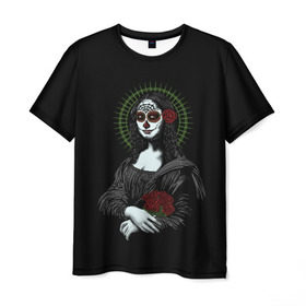 Мужская футболка 3D с принтом Mona Lisa - Santa Muerte в Тюмени, 100% полиэфир | прямой крой, круглый вырез горловины, длина до линии бедер | dead | death | lisa | mona | muerte | muertos | santa | день | искуство | картина | лиза | мона | муэрте | муэртес | муэртос | роза | розы | санта | тату | татуировка | цветы | череп