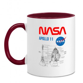 Кружка двухцветная с принтом Nasa Apollo 11 (двухсторонняя) в Тюмени, керамика | объем — 330 мл, диаметр — 80 мм. Цветная ручка и кайма сверху, в некоторых цветах — вся внутренняя часть | Тематика изображения на принте: apollo 11 | apolo 11 | apolon 11 | аполлон 11 | аполон 11 | наса | насса