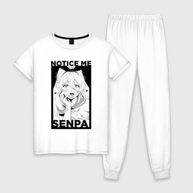 Женская пижама хлопок с принтом Notice Me Senpai в Тюмени, 100% хлопок | брюки и футболка прямого кроя, без карманов, на брюках мягкая резинка на поясе и по низу штанин | ahegao | anime | girl | girls | hikky | kawaii | kowai | senpai | waifu | yandre | аниме | ахегао | вайфу | девушка | кавай | кун | семпай | сенпай | тян