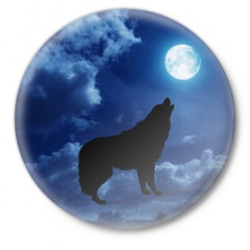 Значок с принтом WOLF в Тюмени,  металл | круглая форма, металлическая застежка в виде булавки | wolf | волк | луна | ночь