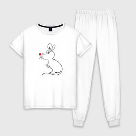 Женская пижама хлопок с принтом Мышка белая в Тюмени, 100% хлопок | брюки и футболка прямого кроя, без карманов, на брюках мягкая резинка на поясе и по низу штанин | 