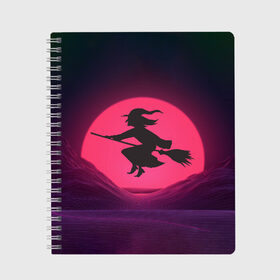 Тетрадь с принтом The Witch(Happy Halloween) в Тюмени, 100% бумага | 48 листов, плотность листов — 60 г/м2, плотность картонной обложки — 250 г/м2. Листы скреплены сбоку удобной пружинной спиралью. Уголки страниц и обложки скругленные. Цвет линий — светло-серый
 | halloween | halloweenparty | witch | в подарок | ведьма | ведьмочка | вечеринка | детский дизайн | детский рисунок | для подарка | закат солнца | мягкие цвета | пати | хэллоуин