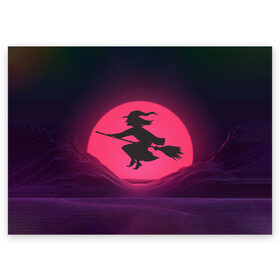 Поздравительная открытка с принтом The Witch(Happy Halloween) в Тюмени, 100% бумага | плотность бумаги 280 г/м2, матовая, на обратной стороне линовка и место для марки
 | halloween | halloweenparty | witch | в подарок | ведьма | ведьмочка | вечеринка | детский дизайн | детский рисунок | для подарка | закат солнца | мягкие цвета | пати | хэллоуин