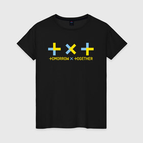 Женская футболка хлопок с принтом TOMORROW X TOGETHER в Тюмени, 100% хлопок | прямой крой, круглый вырез горловины, длина до линии бедер, слегка спущенное плечо | tomorrow x together | txt