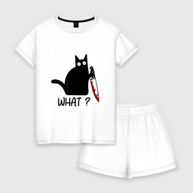Женская пижама с шортиками хлопок с принтом What cat в Тюмени, 100% хлопок | футболка прямого кроя, шорты свободные с широкой мягкой резинкой | cat | kitten | knife | what | кот | котёнок | кошка | кровь | нож | что