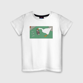 Детская футболка хлопок с принтом Гусь и радио в Тюмени, 100% хлопок | круглый вырез горловины, полуприлегающий силуэт, длина до линии бедер | epic store | ugg | untitled goose game | гусь | игра без названия | игра про гуся | неназванная игра про гуся