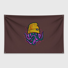 Флаг-баннер с принтом Octopus(Lil Peep GBC) в Тюмени, 100% полиэстер | размер 67 х 109 см, плотность ткани — 95 г/м2; по краям флага есть четыре люверса для крепления | gbc | lil | peep | rap | rock | бордовый | желтый | зеленый | исполнитель | картинка | надпись на спине | осьминог | редактируемый дизайн | рок | рэп | рэпер | сочный цвет | фиолетовый