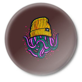 Значок с принтом Octopus(Lil Peep, GBC) в Тюмени,  металл | круглая форма, металлическая застежка в виде булавки | gbc | lil | peep | rap | rock | бордовый | желтый | зеленый | исполнитель | картинка | надпись на спине | осьминог | редактируемый дизайн | рок | рэп | рэпер | сочный цвет | фиолетовый