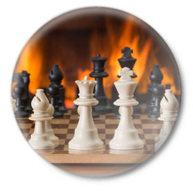 Значок с принтом Шахматы в Тюмени,  металл | круглая форма, металлическая застежка в виде булавки | дамка | доска | игра | игры | камин | конь | король | огне | огнём | огненное | огонь | пешка | пламя | слон | ферзь | фигурки | фигуры | шахматная | шахматы