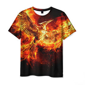 Мужская футболка 3D с принтом Феникс в огне в Тюмени, 100% полиэфир | прямой крой, круглый вырез горловины, длина до линии бедер | fire | flame | phoenix | крылья | огонь | перья | пламя | птица | феникс