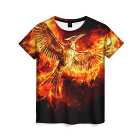 Женская футболка 3D с принтом Феникс в огне в Тюмени, 100% полиэфир ( синтетическое хлопкоподобное полотно) | прямой крой, круглый вырез горловины, длина до линии бедер | fire | flame | phoenix | крылья | огонь | перья | пламя | птица | феникс