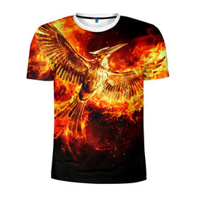 Мужская футболка 3D спортивная с принтом Феникс в огне в Тюмени, 100% полиэстер с улучшенными характеристиками | приталенный силуэт, круглая горловина, широкие плечи, сужается к линии бедра | Тематика изображения на принте: fire | flame | phoenix | крылья | огонь | перья | пламя | птица | феникс