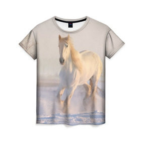 Женская футболка 3D с принтом Белая лошадь на снегу в Тюмени, 100% полиэфир ( синтетическое хлопкоподобное полотно) | прямой крой, круглый вырез горловины, длина до линии бедер | белая | белый | декабрь | животное | животные | звери | зверь | зима | зимний | зимой | кони | конь | копытные | копытный | лошади | лошадь | снег | снега | снегу | снежный | февраль | январь