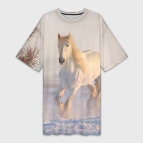 Платье-футболка 3D с принтом Белая лошадь на снегу в Тюмени,  |  | белая | белый | декабрь | животное | животные | звери | зверь | зима | зимний | зимой | кони | конь | копытные | копытный | лошади | лошадь | снег | снега | снегу | снежный | февраль | январь