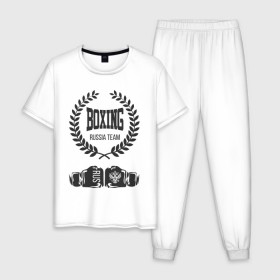 Мужская пижама хлопок с принтом Boxing Russia Team в Тюмени, 100% хлопок | брюки и футболка прямого кроя, без карманов, на брюках мягкая резинка на поясе и по низу штанин
 | boxer | boxing | russia team | бокс | боксер | тайский бокс