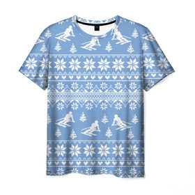 Мужская футболка 3D с принтом Вязаный свитер с лыжниками в Тюмени, 100% полиэфир | прямой крой, круглый вырез горловины, длина до линии бедер | горы | зима | лыжи | природа | снег | спорт