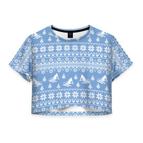 Женская футболка Cropp-top с принтом Вязаный свитер с лыжниками в Тюмени, 100% полиэстер | круглая горловина, длина футболки до линии талии, рукава с отворотами | горы | зима | лыжи | природа | снег | спорт