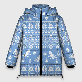 Женская зимняя куртка 3D с принтом Вязаный свитер с лыжниками в Тюмени, верх — 100% полиэстер; подкладка — 100% полиэстер; утеплитель — 100% полиэстер | длина ниже бедра, силуэт Оверсайз. Есть воротник-стойка, отстегивающийся капюшон и ветрозащитная планка. 

Боковые карманы с листочкой на кнопках и внутренний карман на молнии | горы | зима | лыжи | природа | снег | спорт