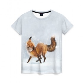 Женская футболка 3D с принтом Зимняя лисичка в Тюмени, 100% полиэфир ( синтетическое хлопкоподобное полотно) | прямой крой, круглый вырез горловины, длина до линии бедер | зима | лис | лиса | лисичка | рыжая | снег | снежинки | фыр фыр