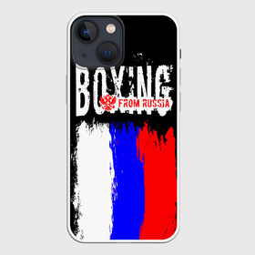 Чехол для iPhone 13 mini с принтом Boxing from Russia в Тюмени,  |  | Тематика изображения на принте: boxer | boxing | from russia | with lowe | бокс | боксер | из россии | кикбоксинг | с любовью | тайский бокс