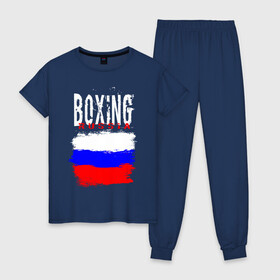 Женская пижама хлопок с принтом Boxing в Тюмени, 100% хлопок | брюки и футболка прямого кроя, без карманов, на брюках мягкая резинка на поясе и по низу штанин | boxer | boxing | russia team | бокс | боксер | кикбоксинг | россия | сборная россии | тайский бокс