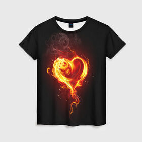 Женская футболка 3D с принтом Огненное сердце в Тюмени, 100% полиэфир ( синтетическое хлопкоподобное полотно) | прямой крой, круглый вырез горловины, длина до линии бедер | Тематика изображения на принте: 14 февраля | heart | в подарок | горящее | день святого валентина | для влюбленных | для подарка | огненный | огонь | сердце