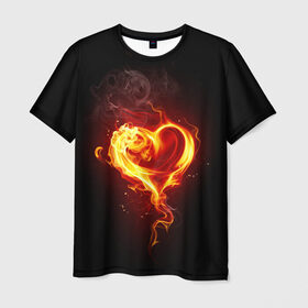 Мужская футболка 3D с принтом Огненное сердце в Тюмени, 100% полиэфир | прямой крой, круглый вырез горловины, длина до линии бедер | 14 февраля | heart | в подарок | горящее | день святого валентина | для влюбленных | для подарка | огненный | огонь | сердце