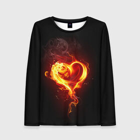 Женский лонгслив 3D с принтом Огненное сердце в Тюмени, 100% полиэстер | длинные рукава, круглый вырез горловины, полуприлегающий силуэт | Тематика изображения на принте: 14 февраля | heart | в подарок | горящее | день святого валентина | для влюбленных | для подарка | огненный | огонь | сердце
