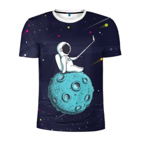 Мужская футболка 3D спортивная с принтом Сэлфи Космонавта в Тюмени, 100% полиэстер с улучшенными характеристиками | приталенный силуэт, круглая горловина, широкие плечи, сужается к линии бедра | galaxy | moon | вселенная | галактика | звезды | космонавт | космос | луна | месяц | сэлфи | сэлфипалка