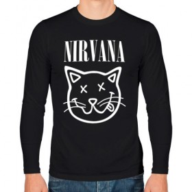 Мужской лонгслив хлопок с принтом NIRVANA в Тюмени, 100% хлопок |  | cat | kitty | nirvana | smile | кот | курт кобейн | нирвана | смайл