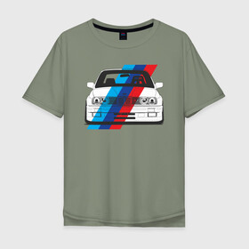 Мужская футболка хлопок Oversize с принтом BMW M3 (E30) (M флаг) в Тюмени, 100% хлопок | свободный крой, круглый ворот, “спинка” длиннее передней части | Тематика изображения на принте: bmw | bmw m3 | bmw m3 e30 | e30 | m3 | бмв | бмв м3 | м3