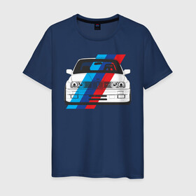 Мужская футболка хлопок с принтом BMW M3 (E30) (M флаг) в Тюмени, 100% хлопок | прямой крой, круглый вырез горловины, длина до линии бедер, слегка спущенное плечо. | bmw | bmw m3 | bmw m3 e30 | e30 | m3 | бмв | бмв м3 | м3