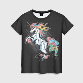 Женская футболка 3D с принтом Радужный Единорог в Тюмени, 100% полиэфир ( синтетическое хлопкоподобное полотно) | прямой крой, круглый вырез горловины, длина до линии бедер | diy | do it yourself | funny | unicorn | единорог | единорожка | искры | лошадь | пламя | радуга | радужная еда | рог | сказка | трум
